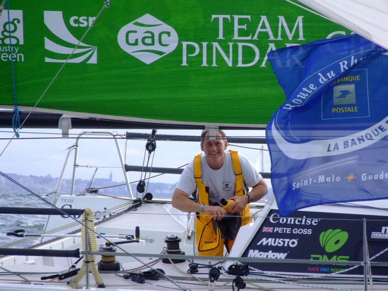Pete Goss On DMS for Route du Rhum 2010 Pete Goss on his Class 40 DMS at the finish of the Route du Rhum 2010