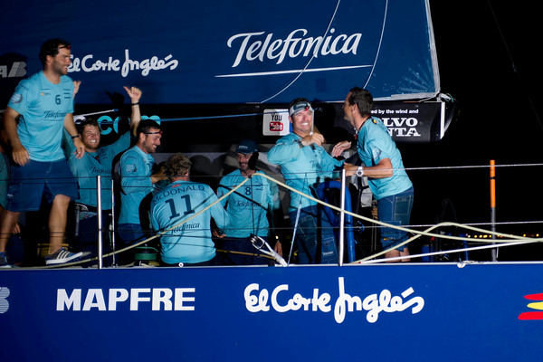 Team Telefonica, skippered by Iker Martinez from Spain finishes first in to the safe haven port on stage 1 of leg 2 of the Volvo Ocean Race 2011-12 from Cape Town, South Africa, to Abu Dhabi, UAE. (Photo by PAUL TODD/Volvo Ocean Race)
