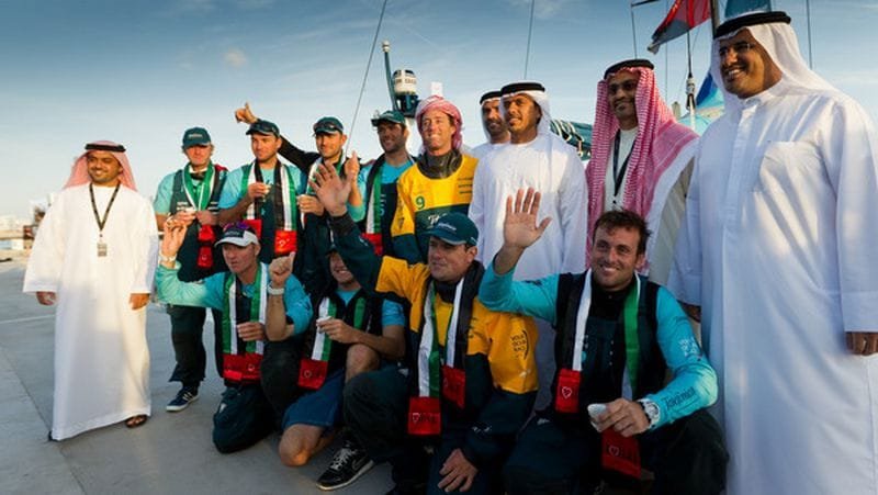 (Photo Credit must read: IAN ROMAN/Volvo Ocean Race) Highness Sheikh Sultan Bin Tahnoon Al NHighness Sheikh Sultan Bin Tahnoon Al Nahyan, Chairman of Abu Dhabi Tourism Authority, Abu Dhabi dignitaries and Team Telefonica, skippered by Iker Martinez from Spain at the finish of leg 2 of the Volvo Ocean Race 2011-12, from Cape town, South Africa, to Abu Dhabi, UAE. (Photo by IAN ROMAN/Volvo Ocean Race)