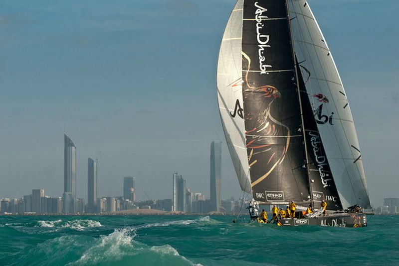 Abu Dhabi Ocean Racing, skippered by Ian Walker from the UK at the finish of leg 2 of the Volvo Ocean Race 2011-12, from Cape town, South Africa, to Abu Dhabi, UAE. (Photo by Marc Bow/Volvo Ocean Race)