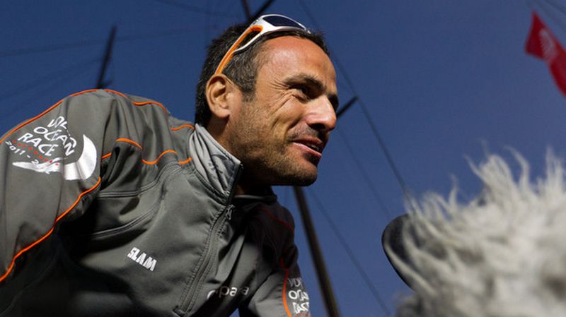 Groupama Sailing Team, skipper Franck Cammas from France at the finish of leg 2 of the Volvo Ocean Race 2011-12, from Cape town, South Africa, to Abu Dhabi, UAE. (Photo by IAN ROMAN/Volvo Ocean Race)