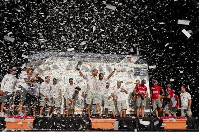 Abu Dhabi Crew Take First On Podium Abu Dhabi Ocean Racing, skippered by Ian Walker from the UK takes first place during the Etihad Airways In-Port Race in Abu Dhabi during the Volvo Ocean Race 2011-12. (Photo by IAN ROMAN/Volvo Ocean Race)