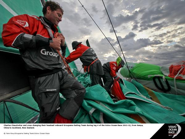  Charles Chaudrelier and crew changing their headsail onboard Groupama Sailing Team during leg 4 of the Volvo Ocean Race 2011-12, from Sanya, China to Auckland, New Zealand. (Photo by Yann Riou/Groupama Sailing Team/Volvo Ocean Race)