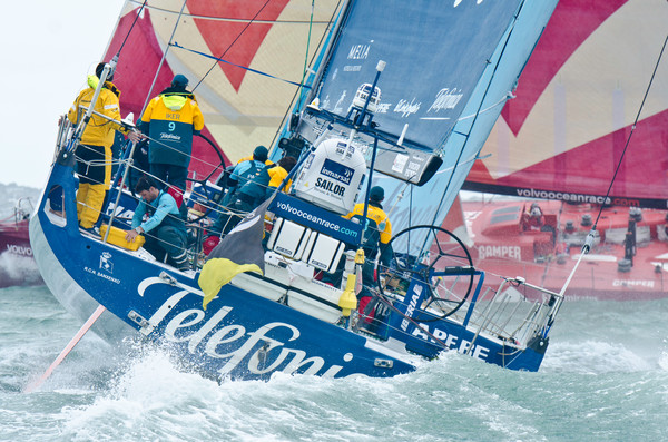 Team Telefonica, skippered by Iker Martinez from Spain, at the start of leg 5 of the Volvo Ocean Race 2011-12, from Auckland, New Zealand to Itajai, Brazil. (Photo by Marc Bow / Volvo Ocean Race)