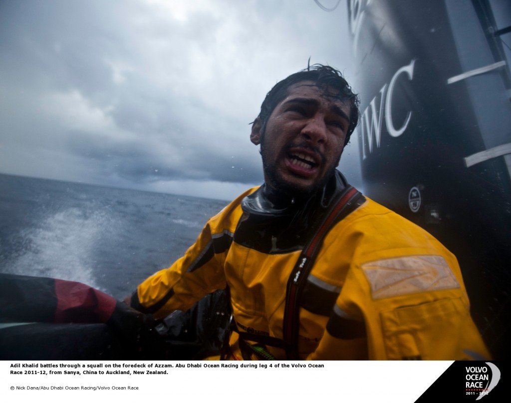 Adil Khalid battles through a squall on the foredeck of Azzam. Abu Dhabi Ocean Racing during leg 4 of the Volvo Ocean Race 2011-12, from Sanya, China to Auckland, New Zealand. (Photo by Nick Dana/Abu Dhabi Ocean Racing/Volvo Ocean Race) 