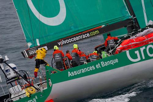 Groupama Sailing Team, skippered by Franck Cammas from France in tough conditions, at the start of leg 5 from Auckland, New Zealand to Itajai, Brazil, during the Volvo Ocean Race 2011-12. ( Photo by Paul Todd / Volvo Ocean Race )