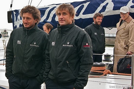  Maserati crew members Corrado Rossignoli, Gabriele Olivo and skipper Giovanni Soldini  (Photo by George Bekris)
