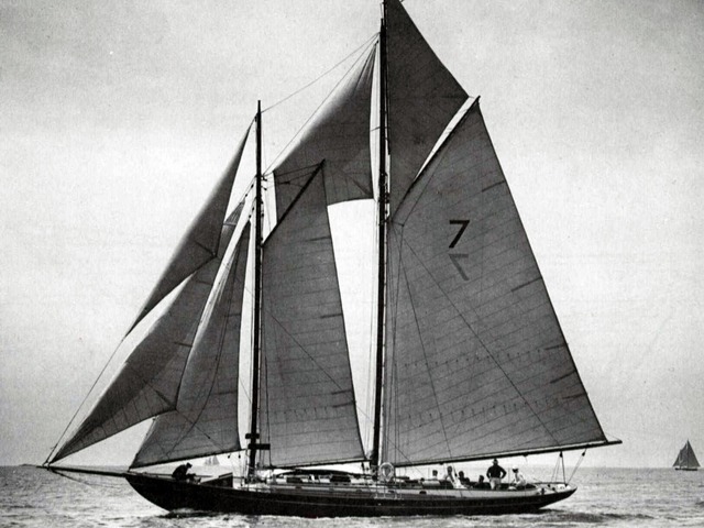 Malabar VII, sailed by her designer John G. Alden, won the 1926 Bermuda Race sailed in that year from New London CT. She took the Royal Bermuda Yacht Club Bermuda Race Trophy as her prize. This was the first year the Cruising Club of America teamed up with the Royal Bermuda Yacht Club as co-organizers. In 1936 the starting line was moved to Newport RI and the race became the Newport Bermuda Race as it is known today.  (Photo courtesy of Alden Yachts)