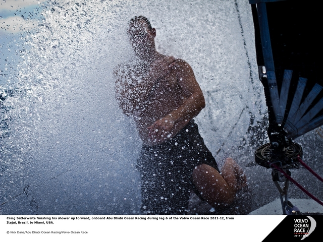 Craig Satterwaite finishing his shower up forward, onboard Abu Dhabi Ocean Racing (Photo by Nick Dana/Abu Dhabi Ocean Racing/Volvo Ocean Race)