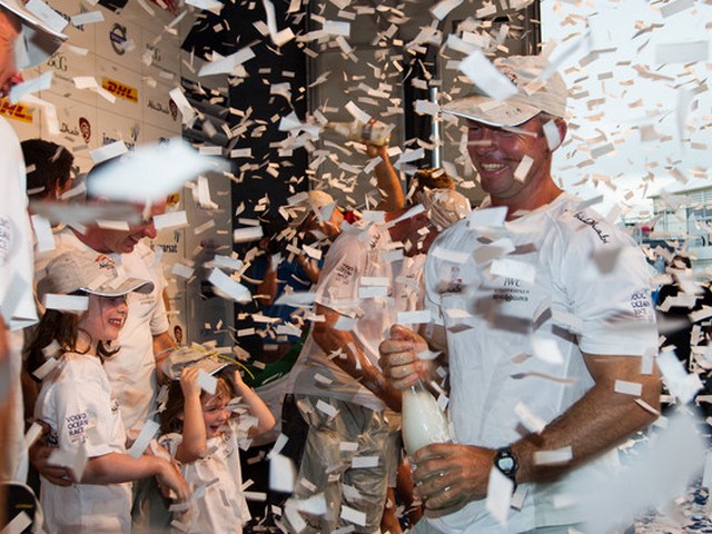 Abu Dhabi Ocean Racing, skippered by Ian Walker from the UK celebrate taking first place, in the PORTMIAMI In-Port Race, during the Volvo Ocean Race 2011-12. (Photo by IAN ROMAN/Volvo Ocean Race)