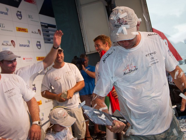 Abu Dhabi Ocean Racing, skippered by Ian Walker from the UK celebrate taking first place, in the PORTMIAMI In-Port Race, during the Volvo Ocean Race 2011-12. (Photo by  IAN ROMAN/Volvo Ocean Race)