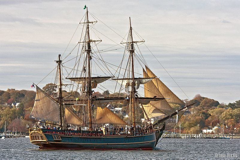 HMS Bounty Leaving New London , CT to ride out hurricane Sandy by George Bekris